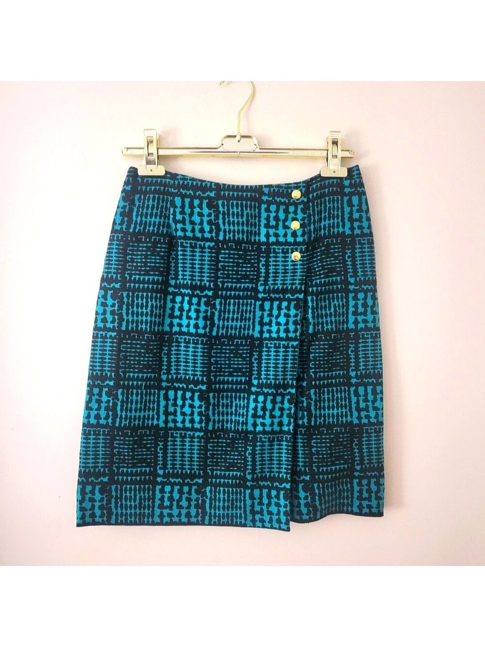 Carlisle Black & Turquise Print Faux Wrap Side Flap Button Detail Pencil Skirt 2